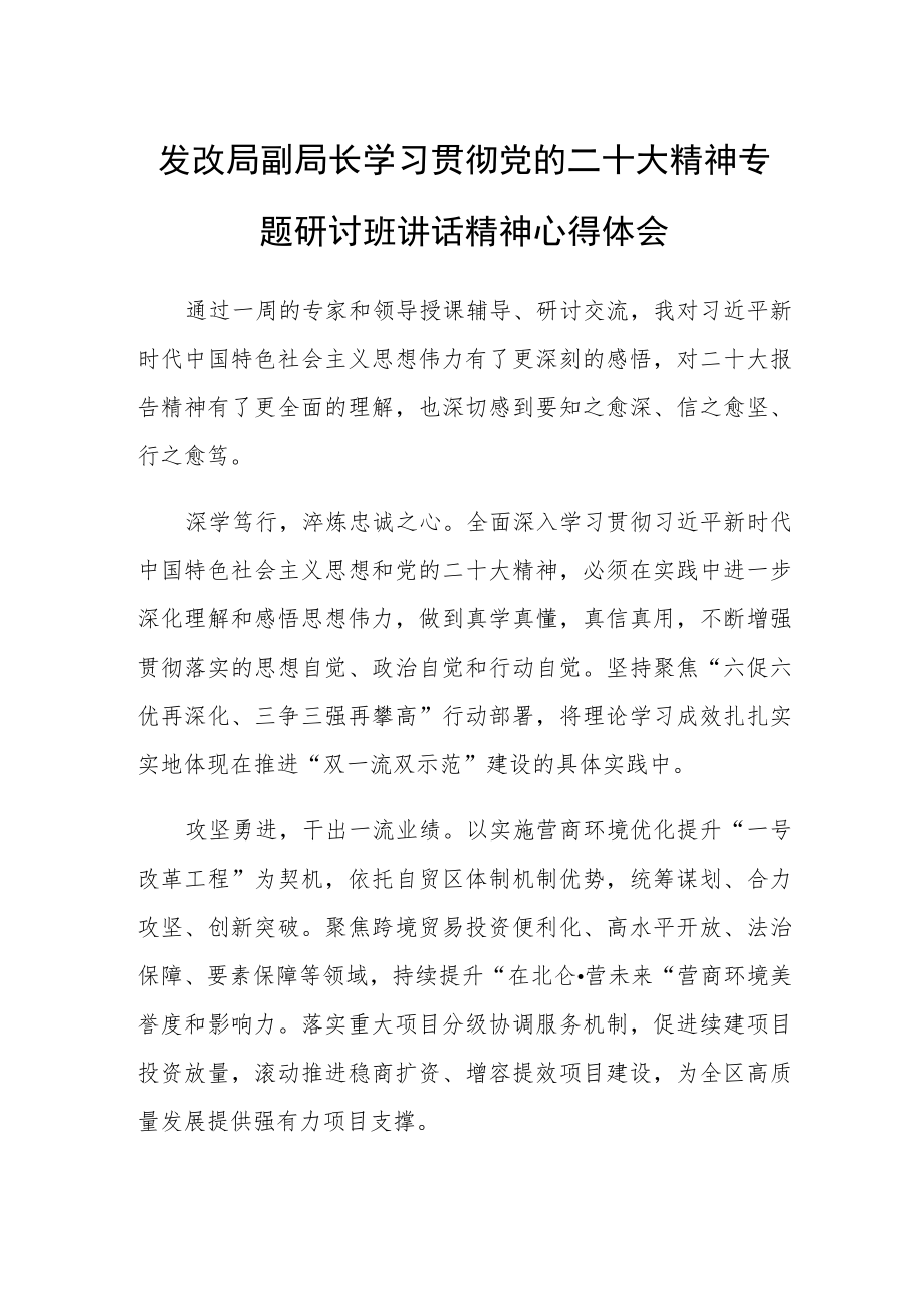 发改局副局长学习贯彻党的二十大精神专题研讨班讲话精神心得体会.docx_第1页