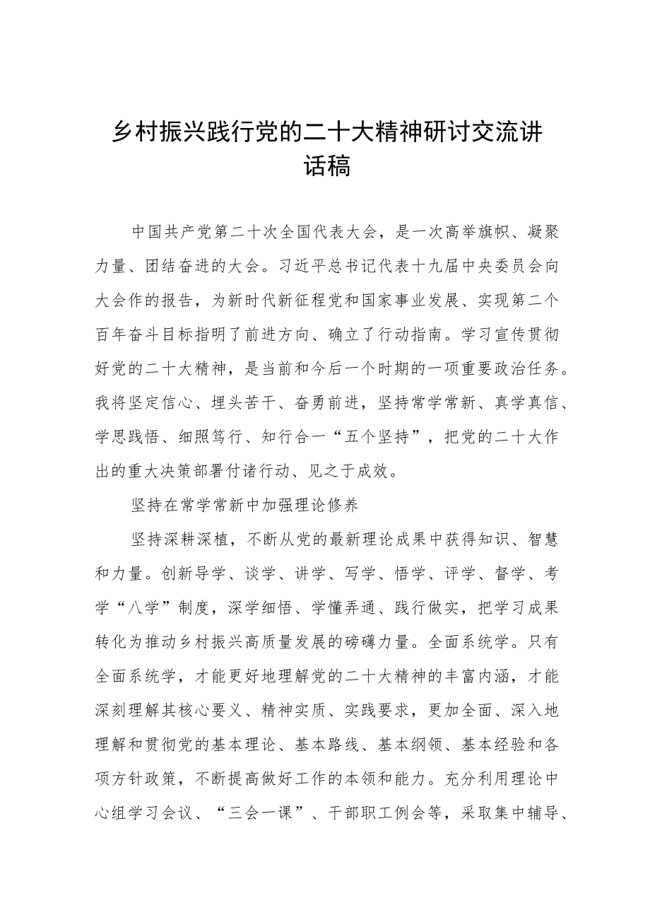 乡村振兴践行党的二十大精神研讨交流讲话稿五篇.docx_第1页