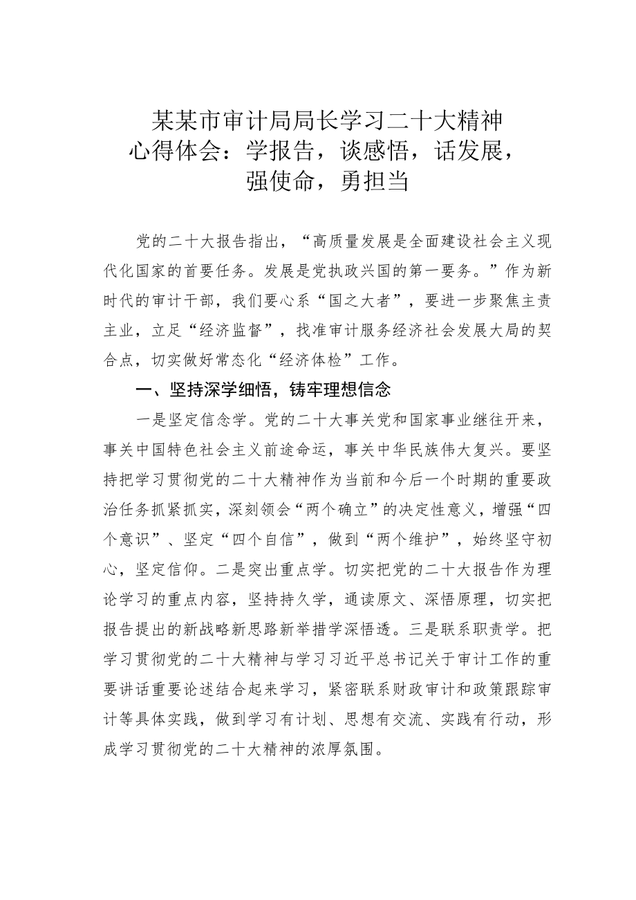 某某市审计局局长学习二十大精神心得体会：学报告谈感悟话发展强使命勇担当.docx_第1页