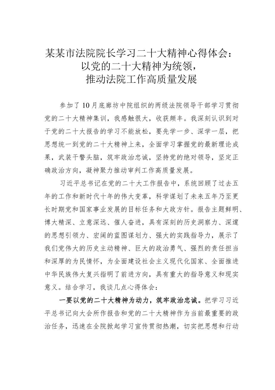 某某市法院院长学习二十大精神心得体会：以党的二十大精神为统领推动法院工作高质量发展.docx_第1页