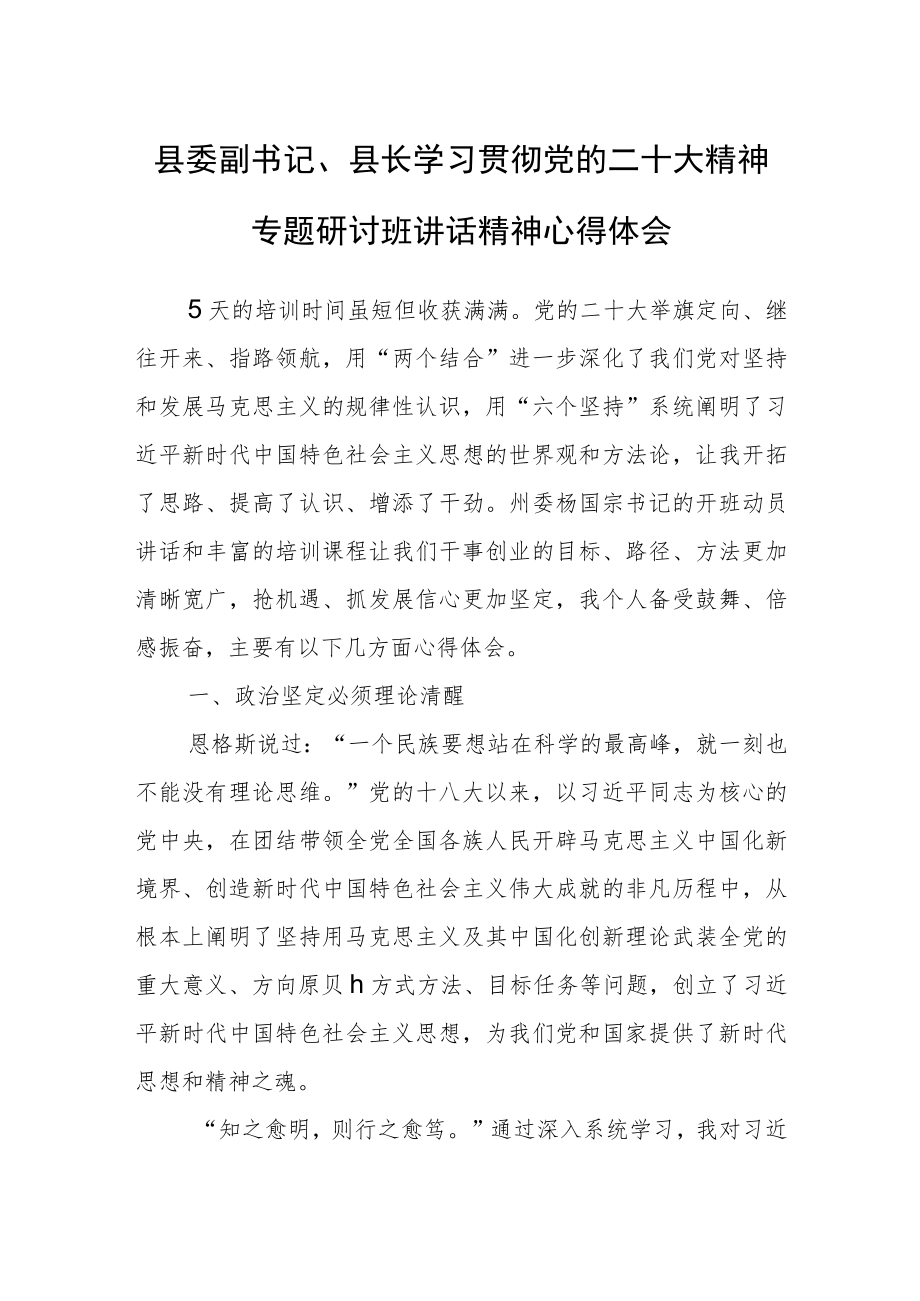 县委副书记、县长学习贯彻党的二十大精神专题研讨班讲话精神心得体会.docx_第1页