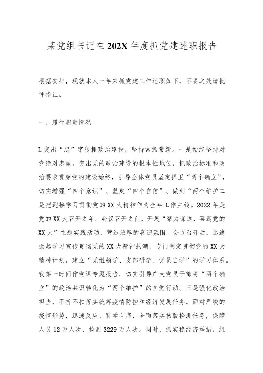 某党组书记在202X年度抓党建述职报告.docx_第1页