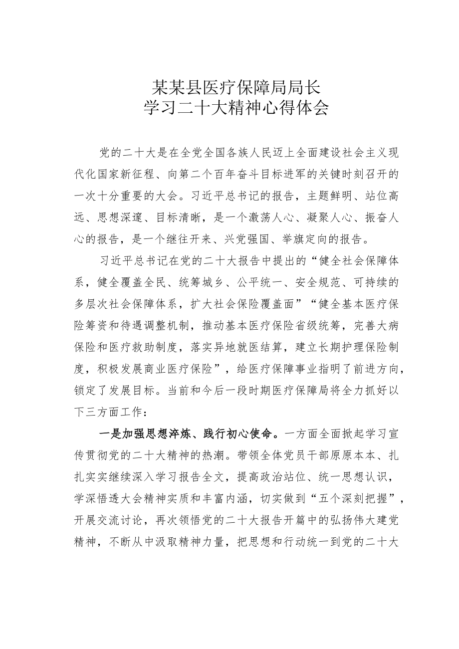 某某县医疗保障局局长学习二十大精神心得体会.docx_第1页