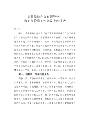 某某局长在宣布领导分工和干部轮岗工作会议上的讲话.docx