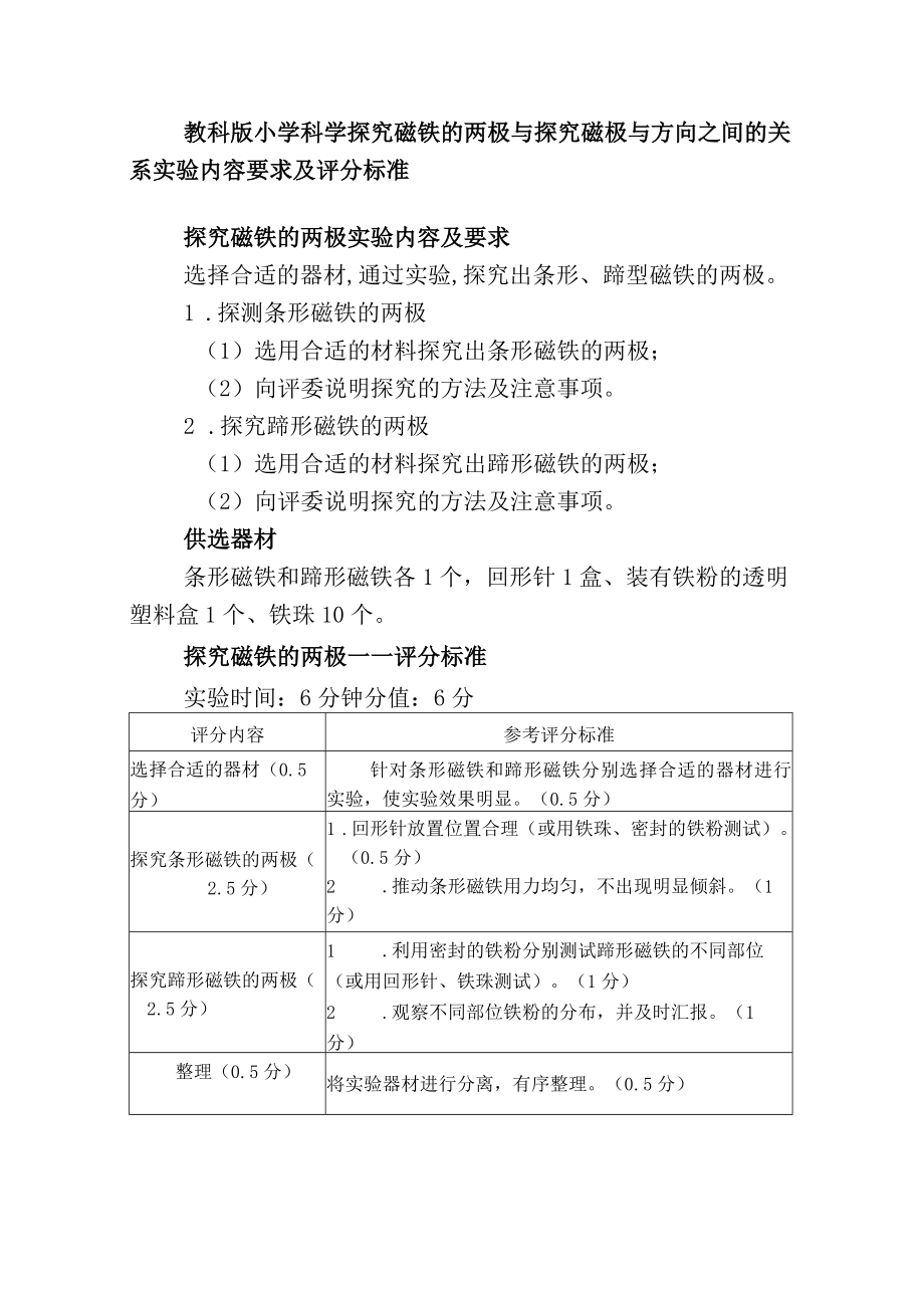 教科版小学科学探究磁铁的两极与探究磁极与方向之间的关系实验内容要求及评分标准.docx_第1页