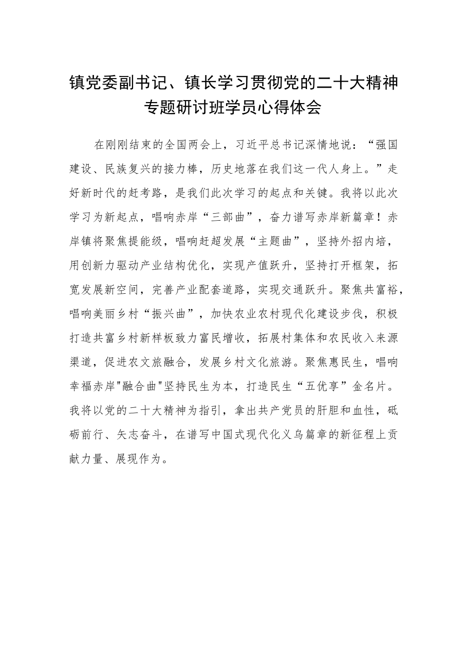 镇党委副书记、镇长学习贯彻党的二十大精神专题研讨班学员心得体会.docx_第1页