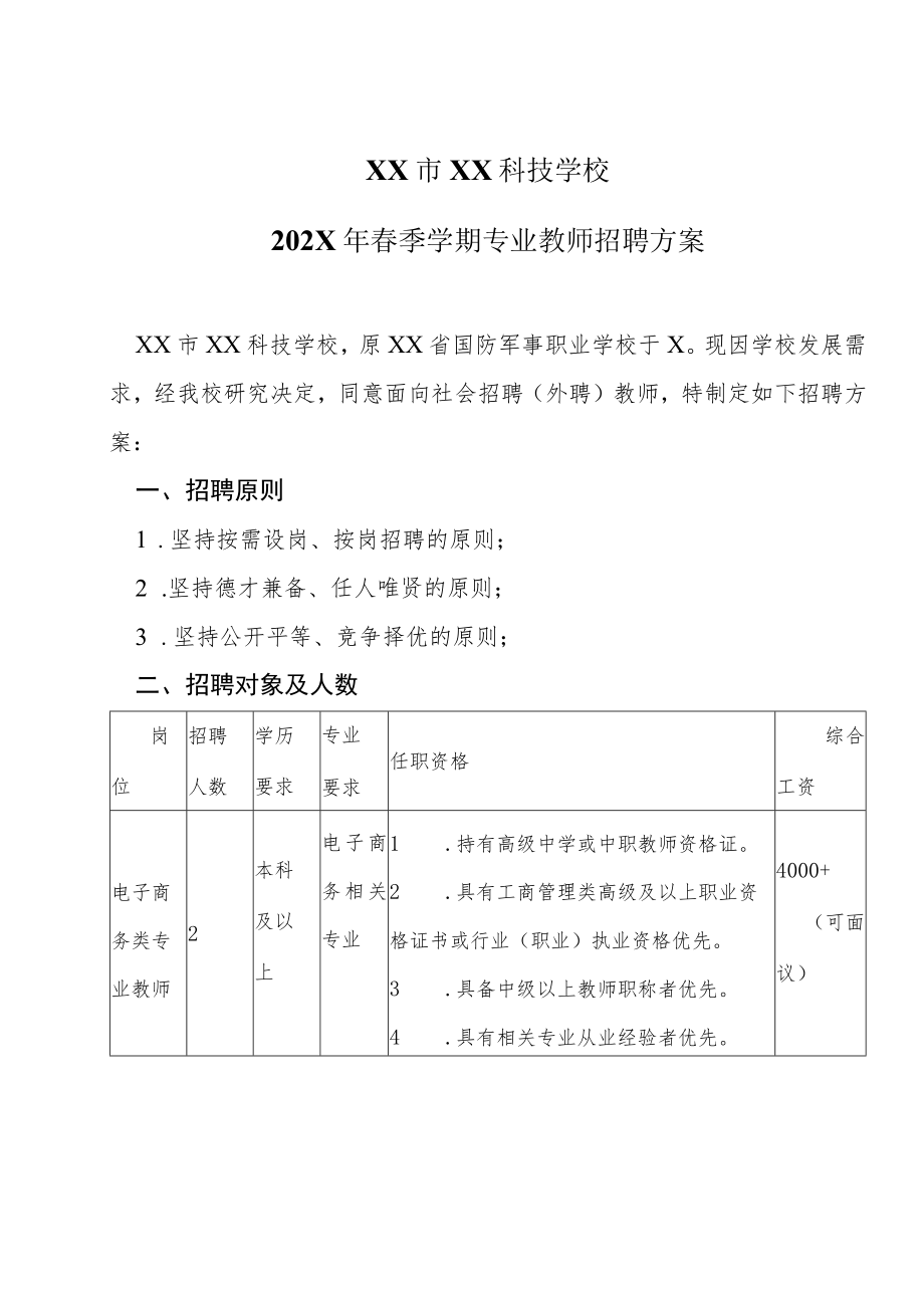 XX市XX科技学校202X年春季学期专业教师招聘方案.docx_第1页