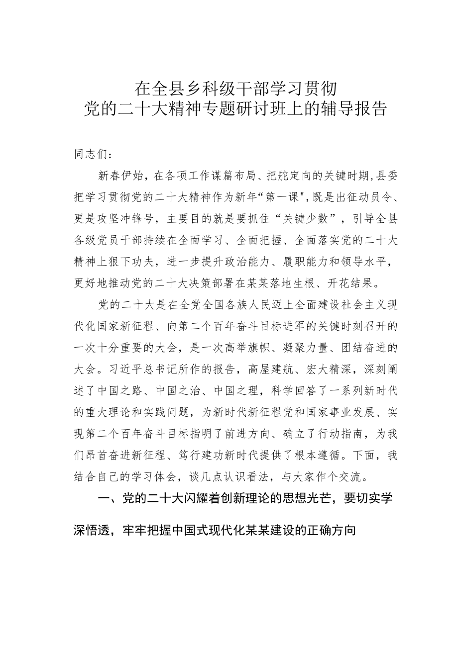 在全县乡科级干部学习贯彻党的二十大精神专题研讨班上的辅导报告.docx_第1页