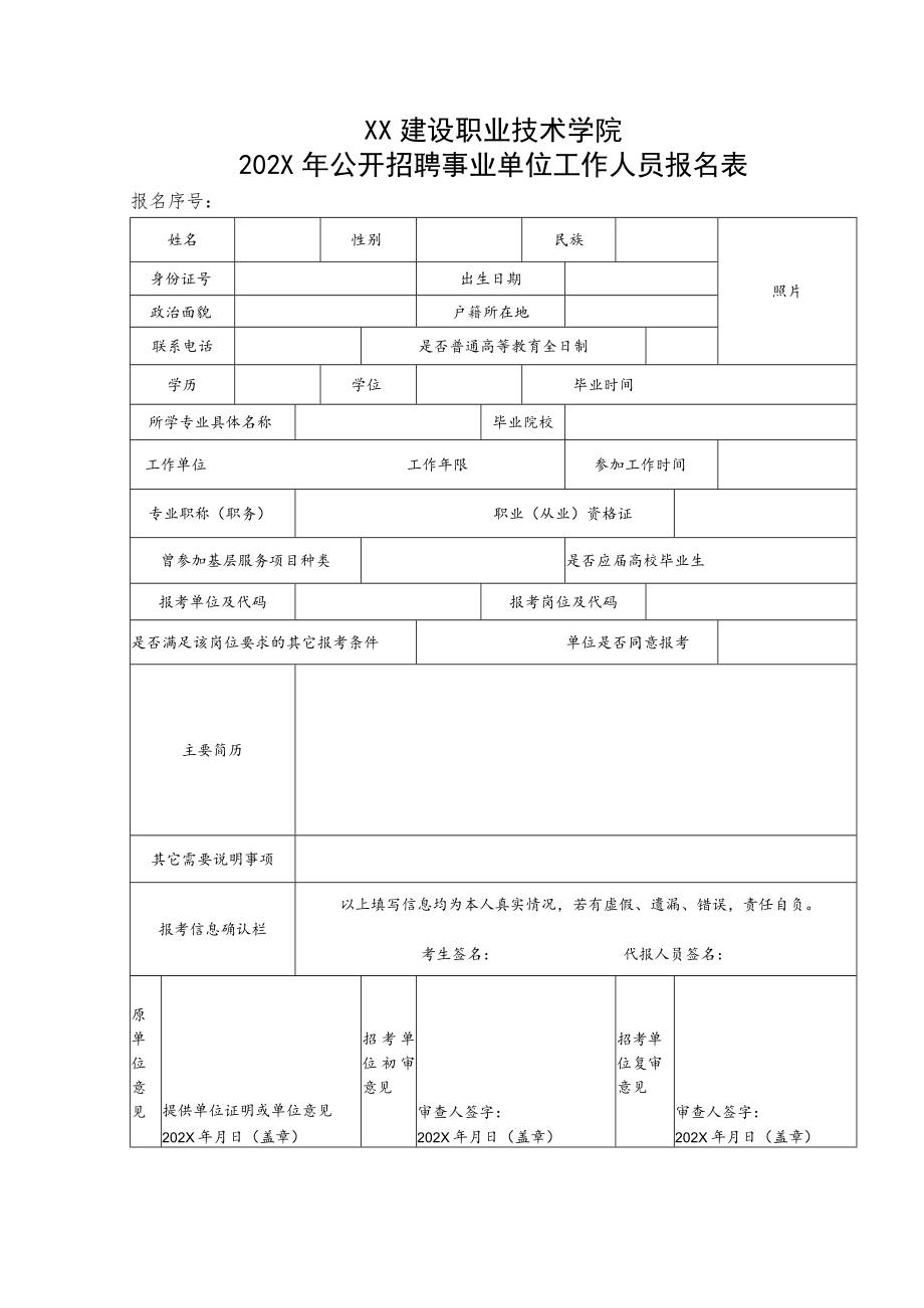 XX建设职业技术学院202X年公开招聘事业单位工作人员报名表.docx_第1页