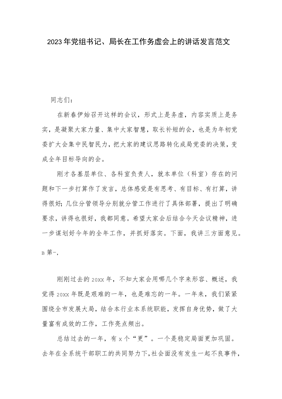 2023年党组书记、局长在工作务虚会上的讲话发言范文.docx_第1页