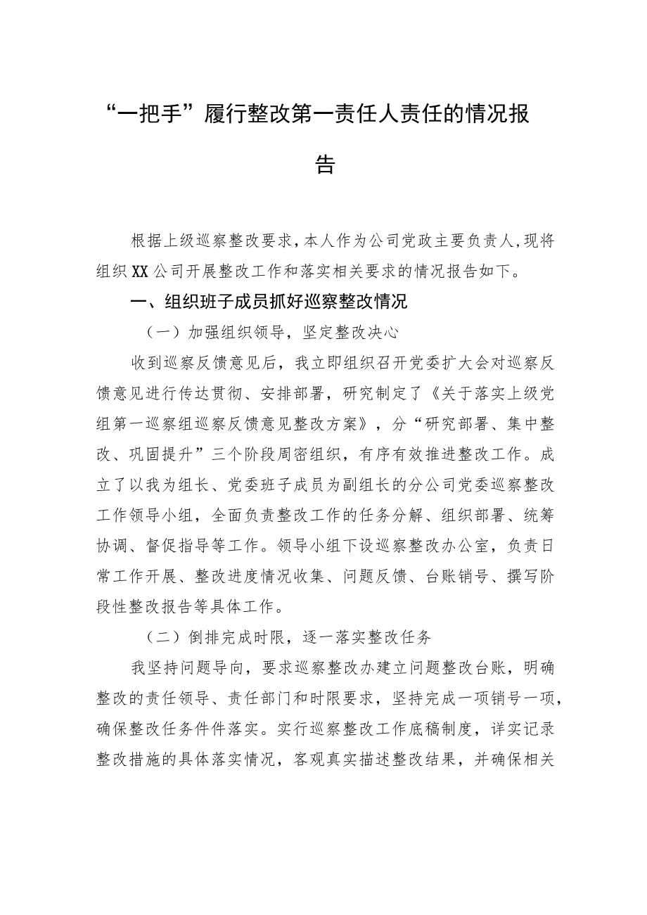 “一把手”履行整改第一责任人责任的情况报告.docx_第1页