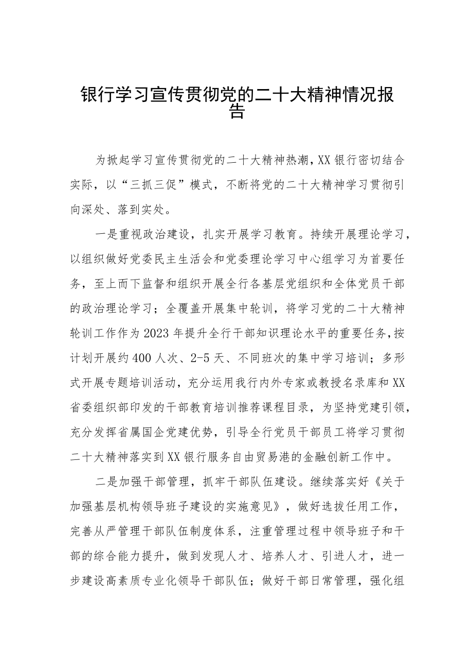 银行分行学习宣传贯彻党的二十大精神情况报告三篇.docx_第1页