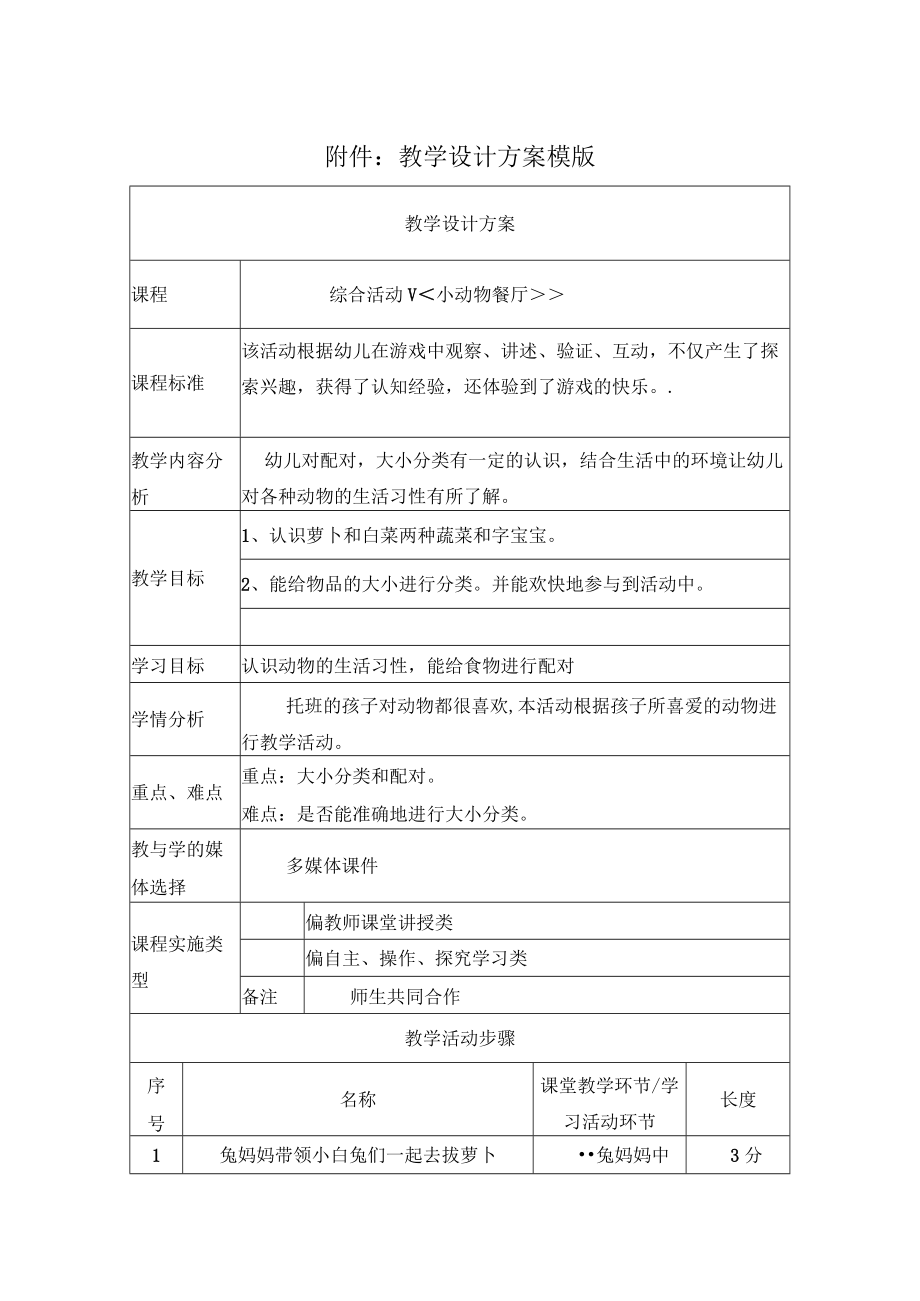 综合活动小动物餐厅 教学设计.docx_第1页