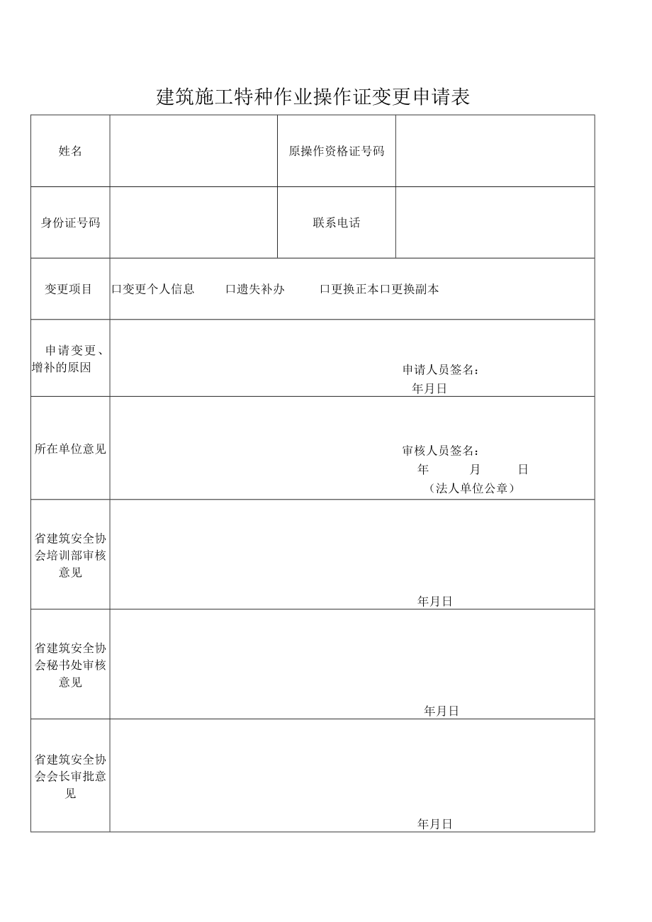 建筑施工特种作业操作证变更申请表.docx_第1页