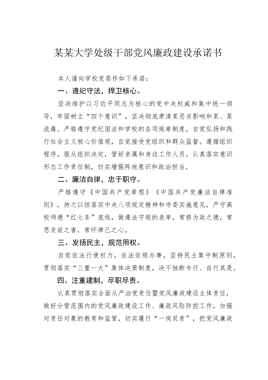 某某大学处级干部党风廉政建设承诺书.docx_第1页