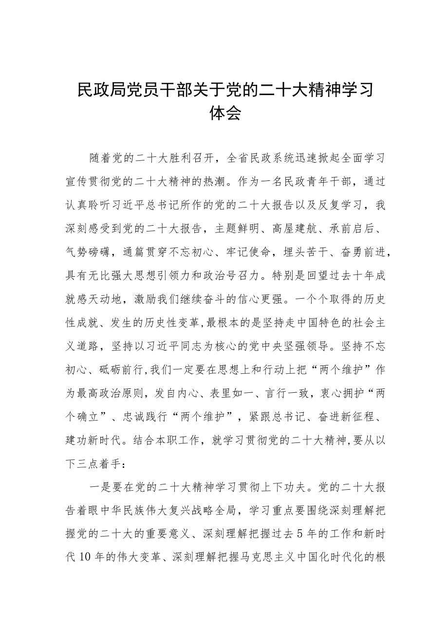 民政干部学习贯彻二十大精神心得体会五篇模板.docx_第1页