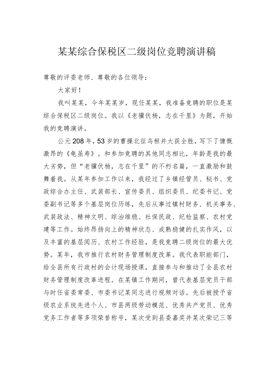 某某综合保税区二级岗位竞聘演讲稿.docx_第1页