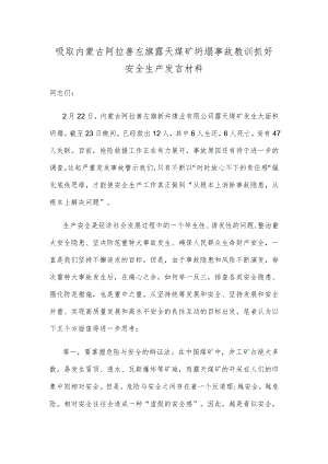 吸取内蒙古阿拉善左旗露天煤矿坍塌事故教训抓好安全生产发言材料.docx