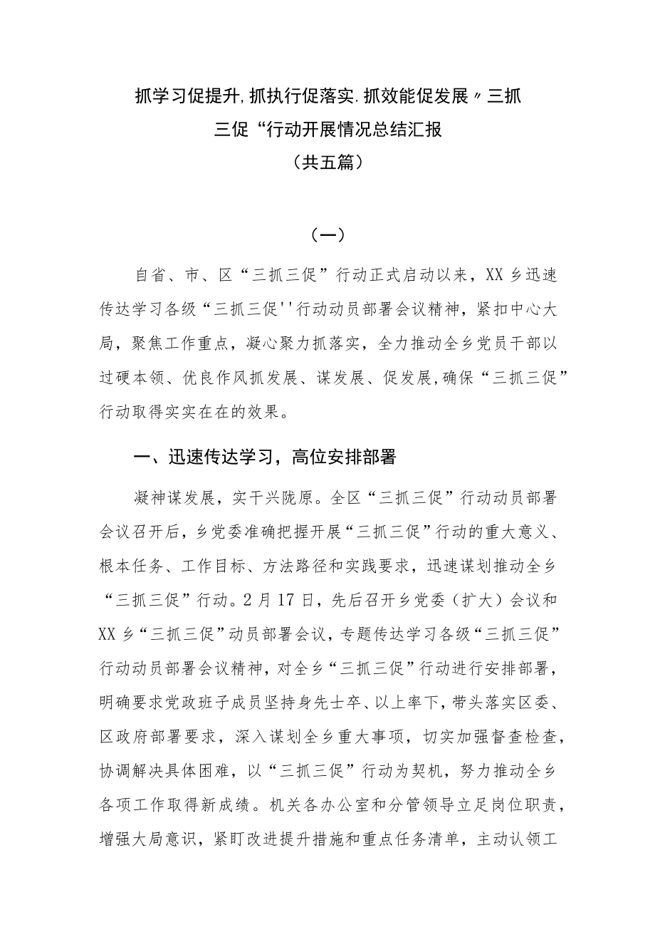 抓学习促提升、抓执行促落实、抓效能促发展“三抓三促”行动开展情况总结汇报共五篇.docx_第1页