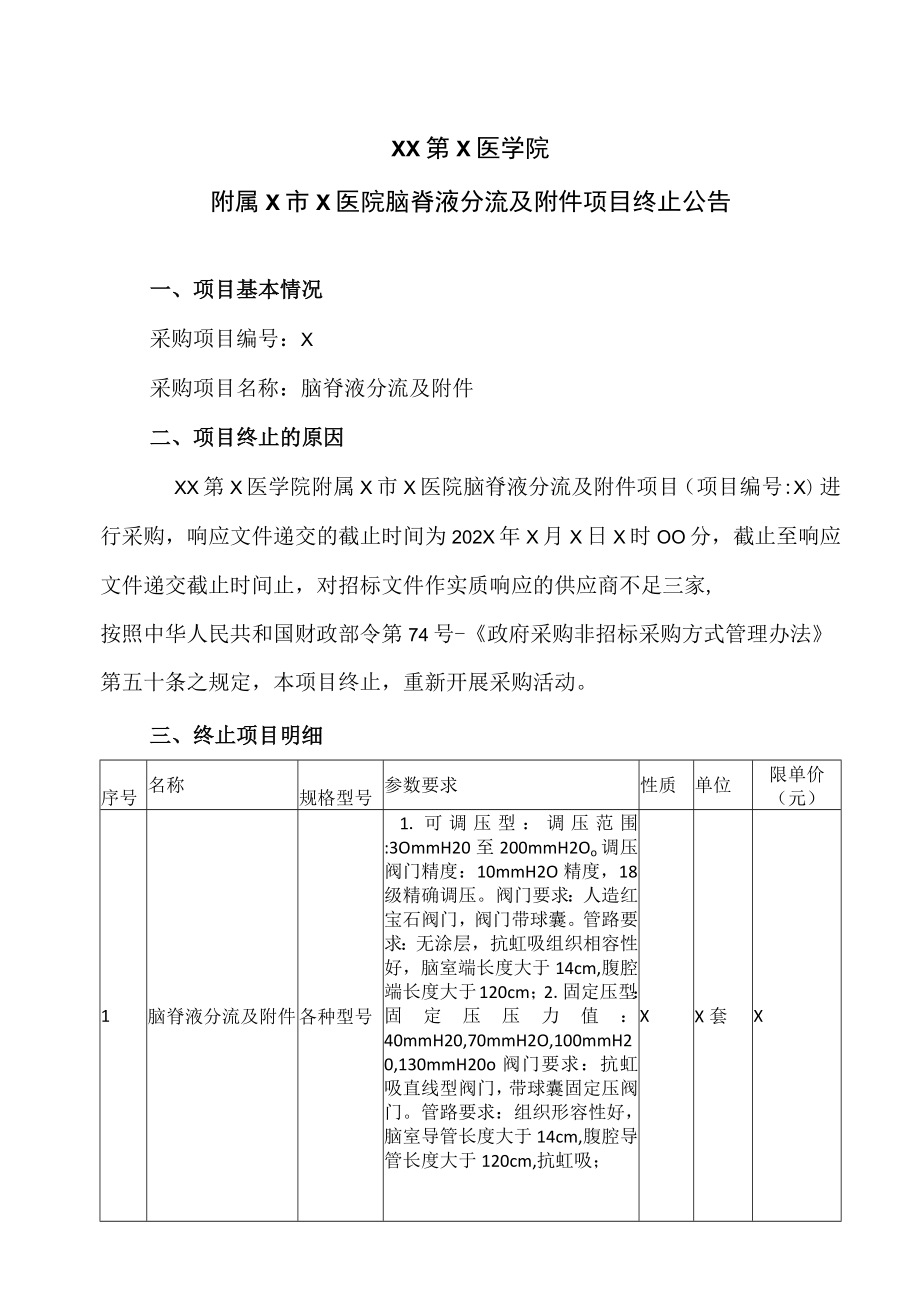 XX第X医学院附属X市X医院脑脊液分流及附件项目终止公告.docx_第1页