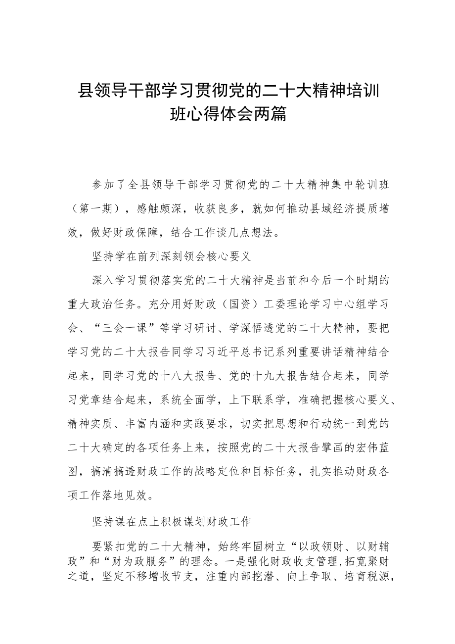 2023年县领导干部学习贯彻党的二十大精神培训班心得体会两篇.docx_第1页