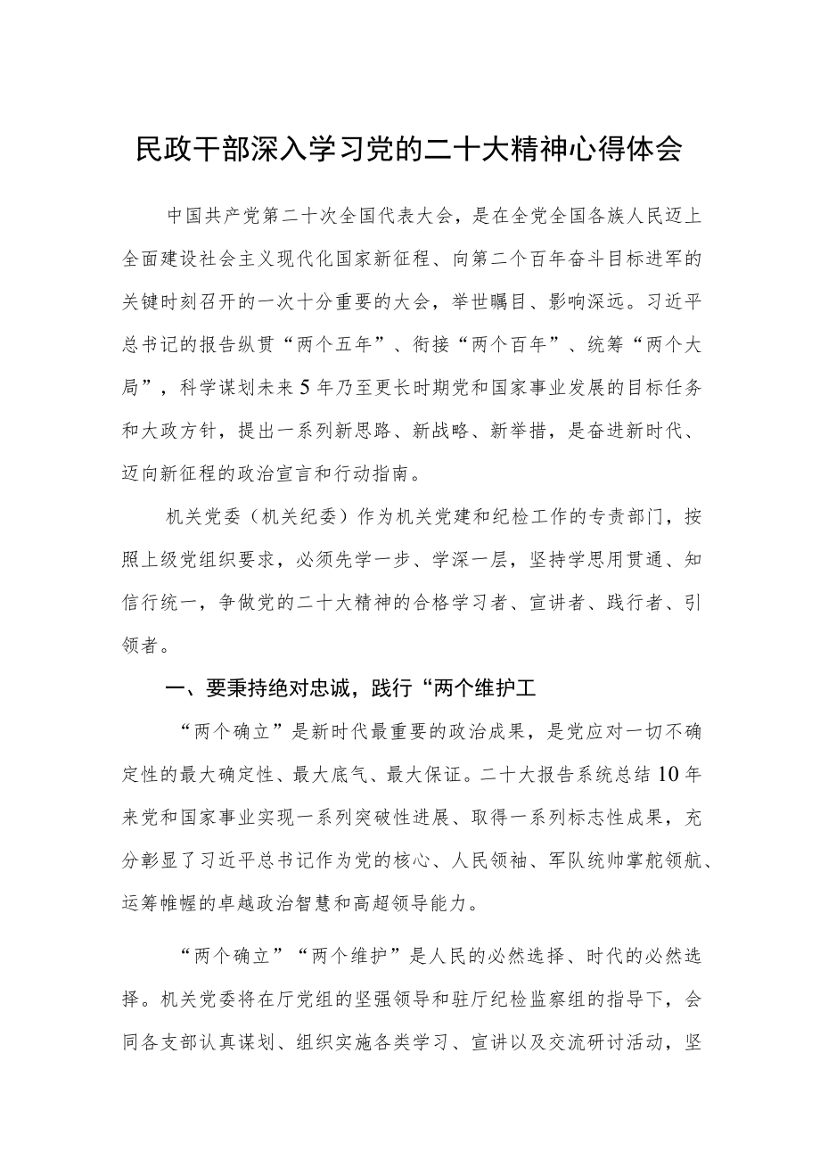 民政干部深入学习党的二十大精神心得体会范文(通用3篇).docx_第1页