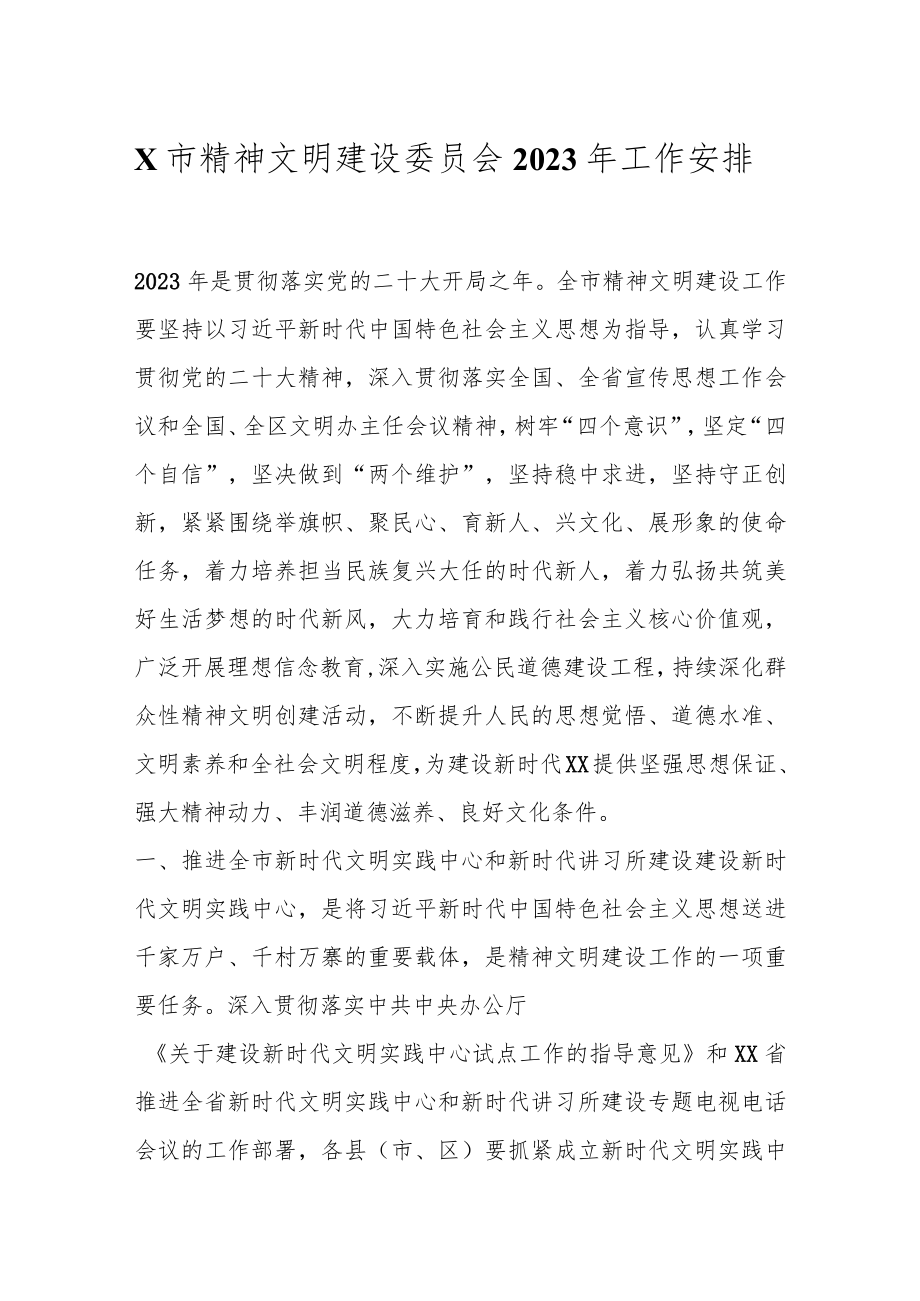 X市精神文明建设委员会2023年工作安排.docx_第1页