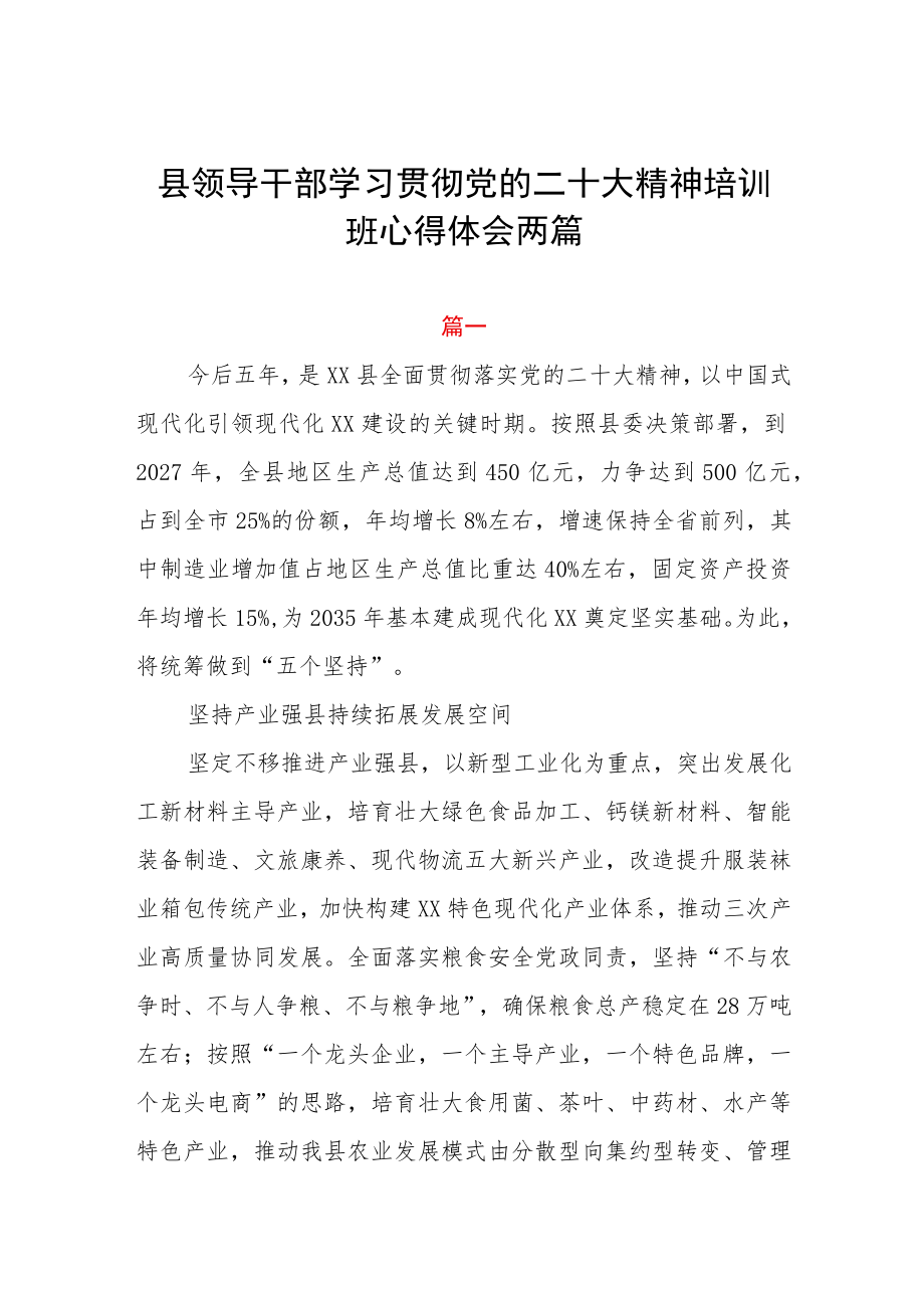 县领导干部学习贯彻党的二十大精神培训班心得体会两篇.docx_第1页