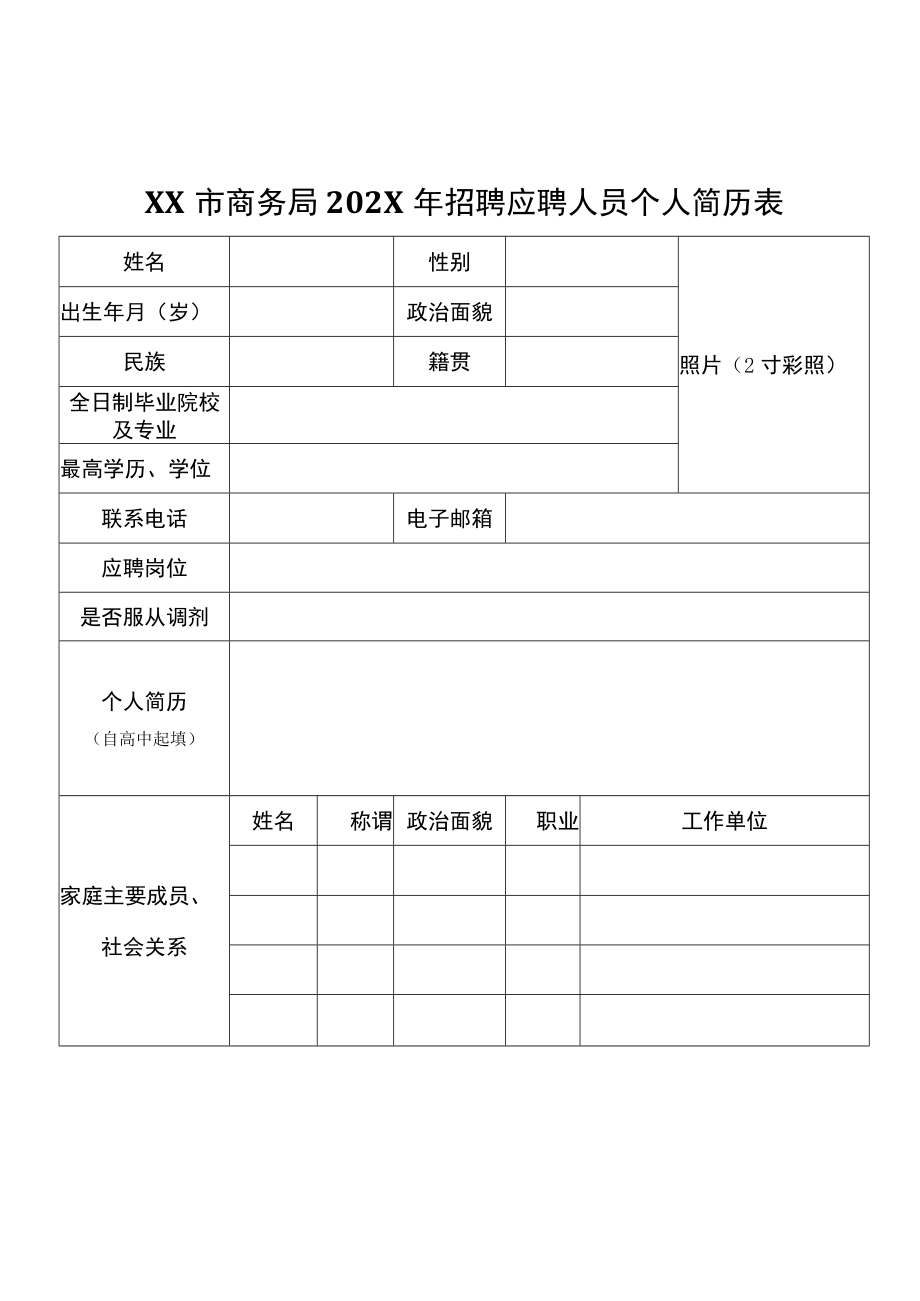 XX市商务局202X年招聘应聘人员个人简历表.docx_第1页