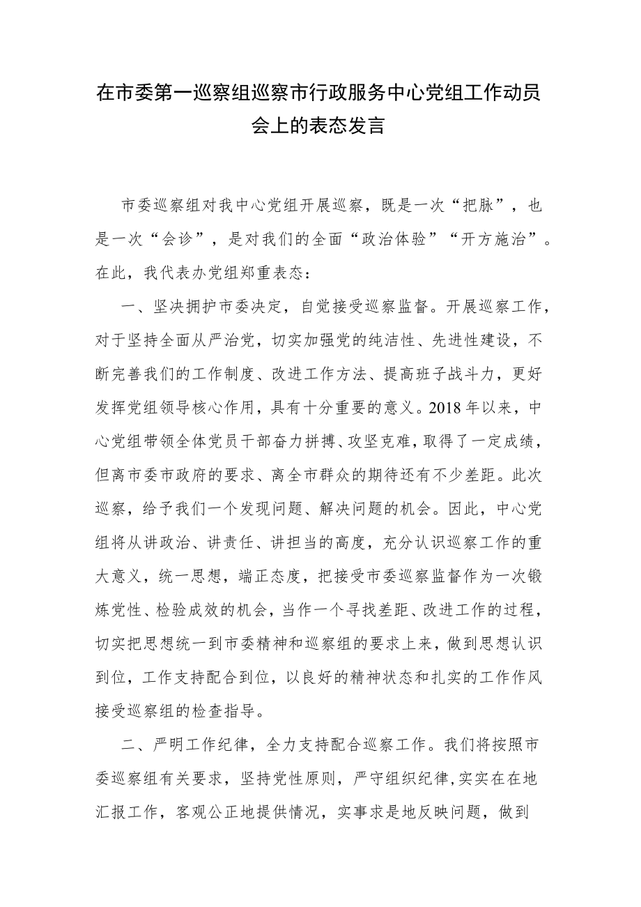 在市委第一巡察组巡察市行政服务中心党组工作动员会上的表态发言.docx_第1页