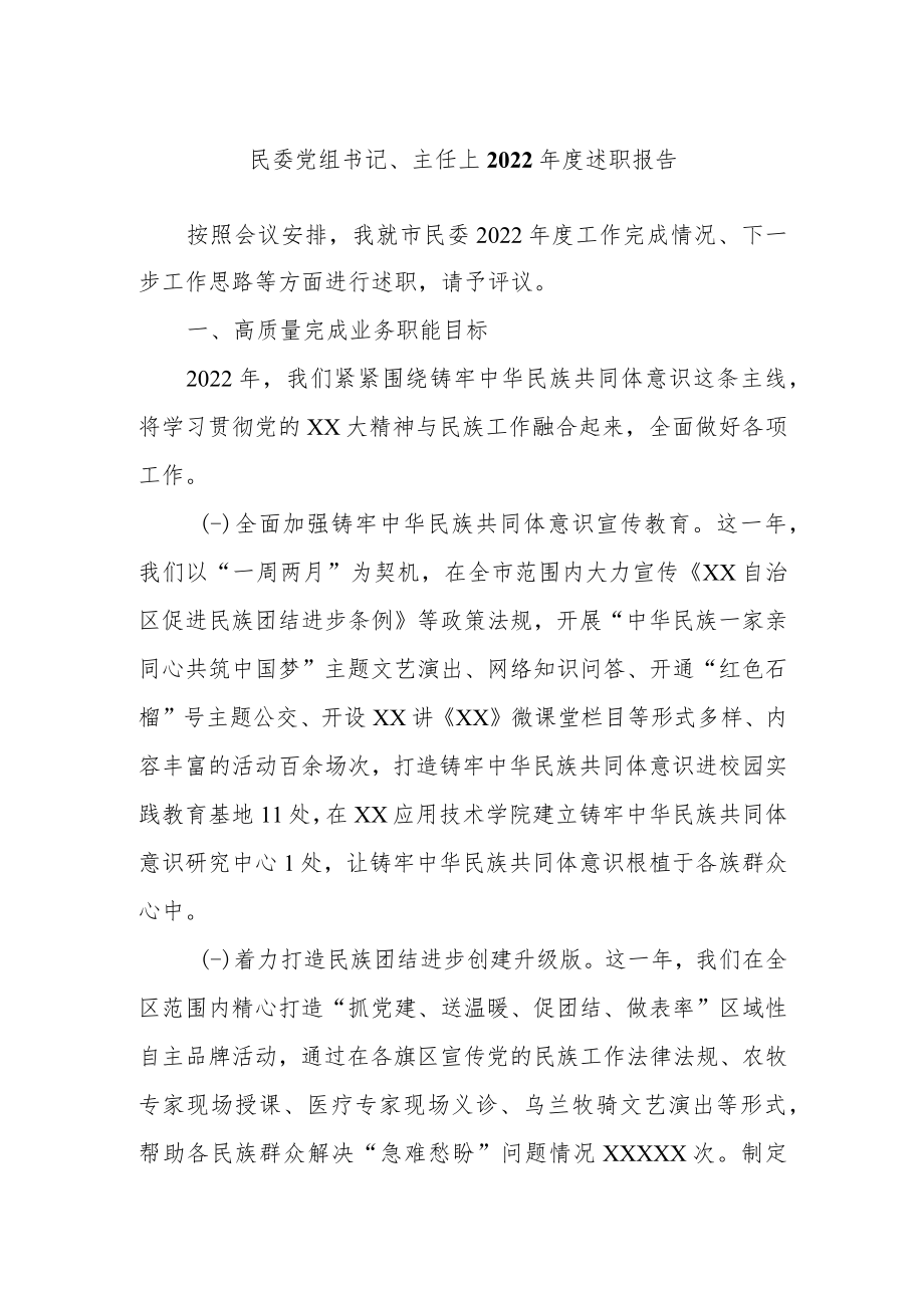 民委党组书记、主任2022年度述职报告.docx_第1页