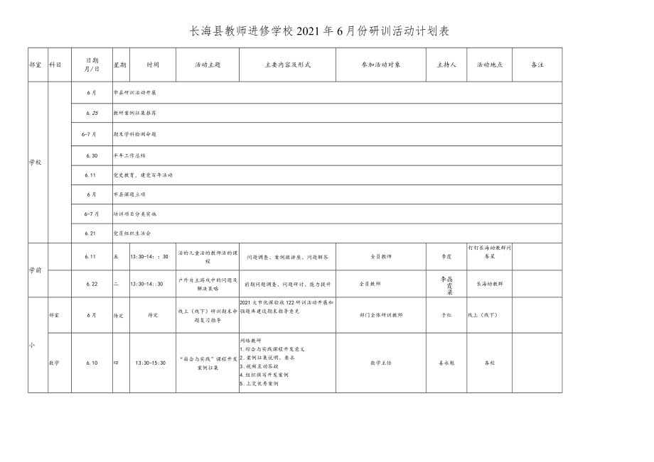 长海县教师进修学校2021年6月份研训活动计划表.docx_第1页