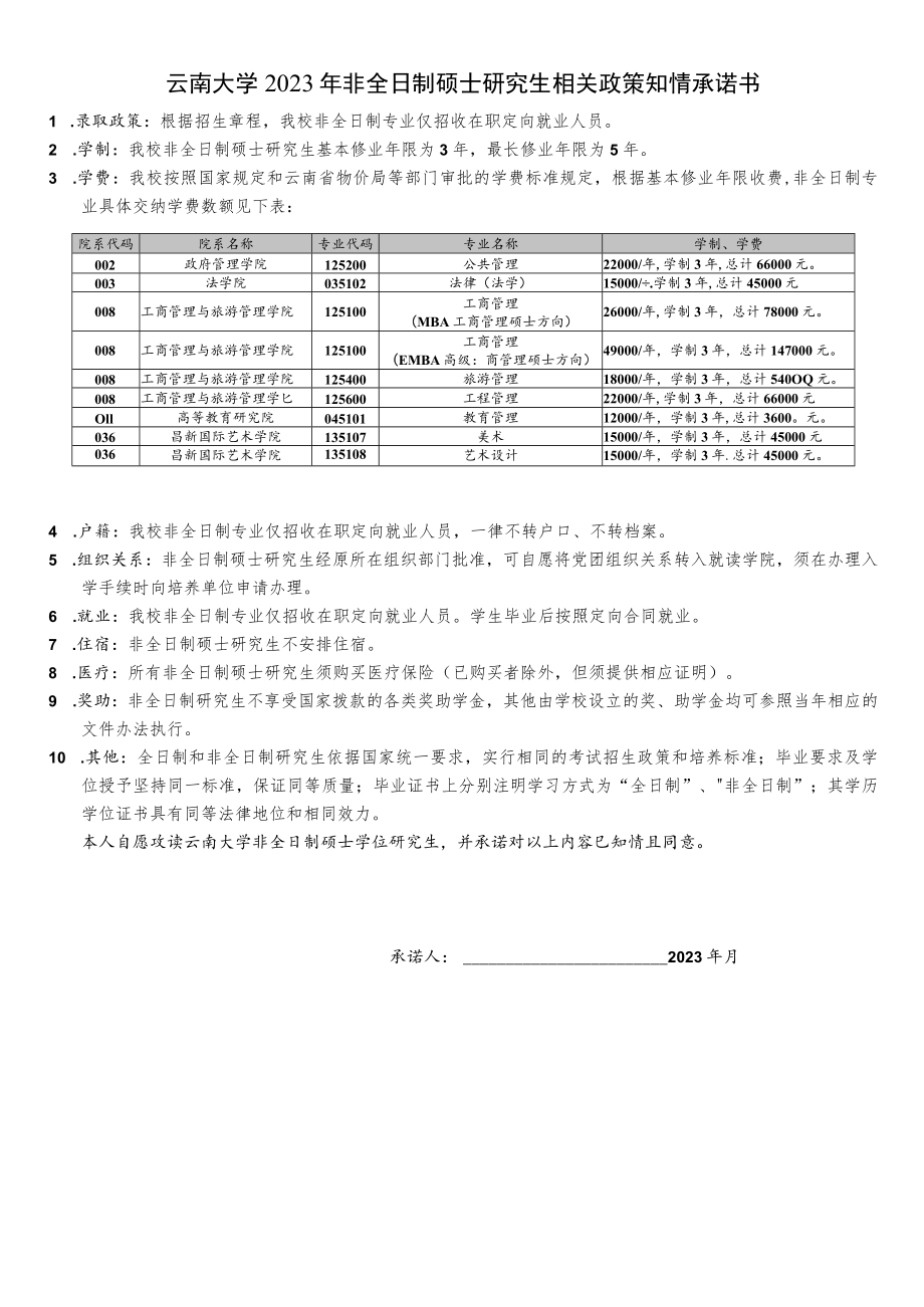 云南大学2023年非全日制硕士研究生相关政策知情承诺书.docx_第1页