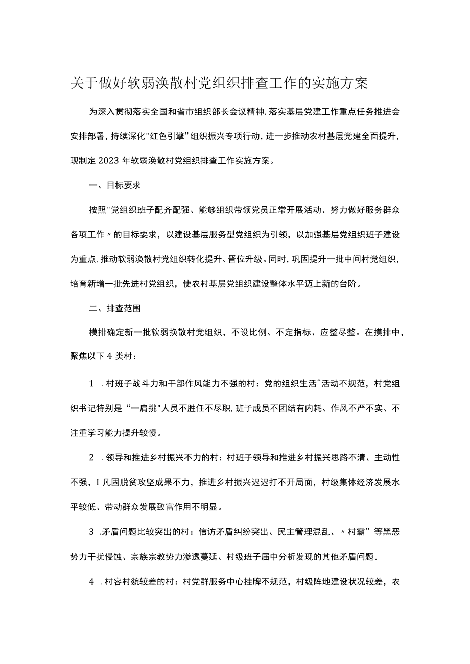 关于做好软弱涣散村党组织排查工作的实施方案.docx_第1页