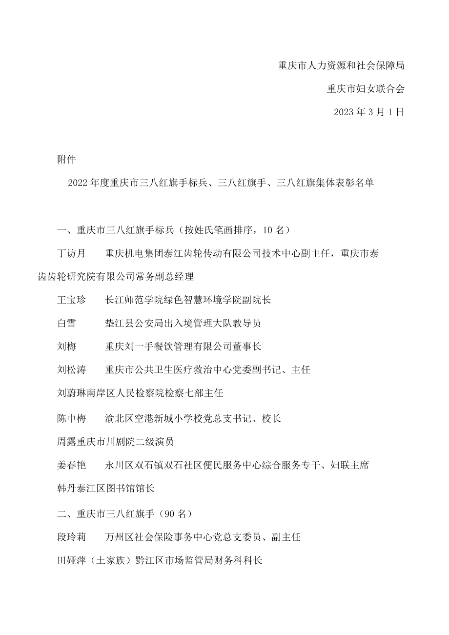 重庆市人力资源和社会保障局、重庆市妇女联合会关于表彰重庆市三八红旗手标兵、三八红旗手(集体)的决定(2023).docx_第2页