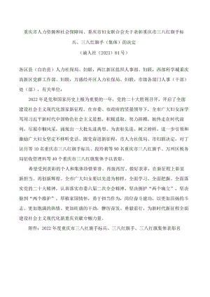 重庆市人力资源和社会保障局、重庆市妇女联合会关于表彰重庆市三八红旗手标兵、三八红旗手(集体)的决定(2023).docx