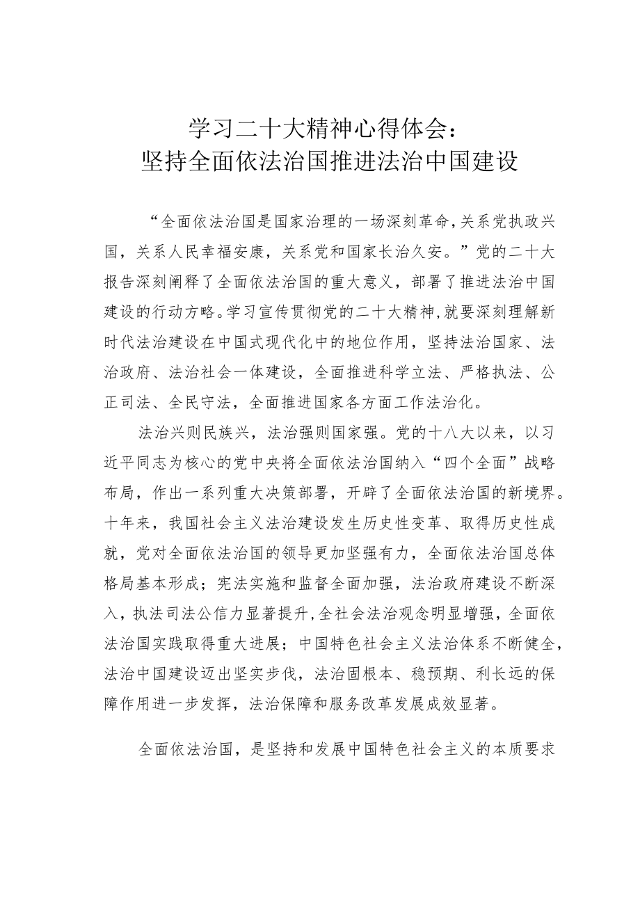 学习二十大精神心得体会：坚持全面依法治国推进法治中国建设.docx_第1页