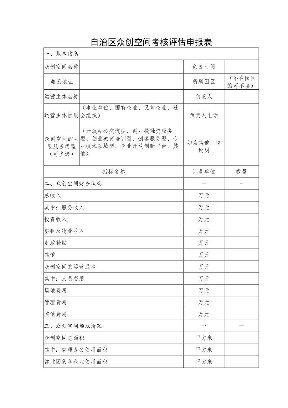 自治区众创空间考核评估申报表.docx_第1页