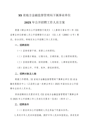 XX省地方金融监督管理局下属事业单位202X年公开招聘工作人员方案.docx