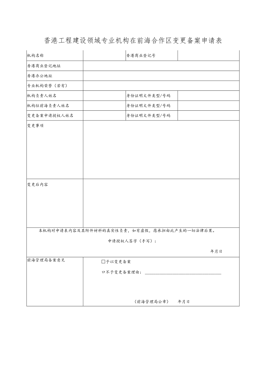 香港工程建设领域专业机构在前海合作区变更备案申请表.docx_第1页