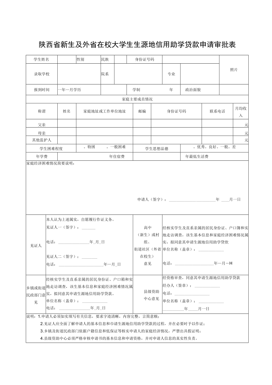 陕西省新生及外省在校大学生生源地信用助学贷款申请审批表.docx_第1页