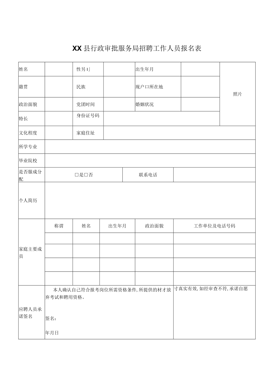 XX县行政审批服务局招聘工作人员报名表（模板1）.docx_第1页