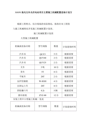 30MW渔光互补光伏电站项目主要施工机械配置进场计划方案.docx