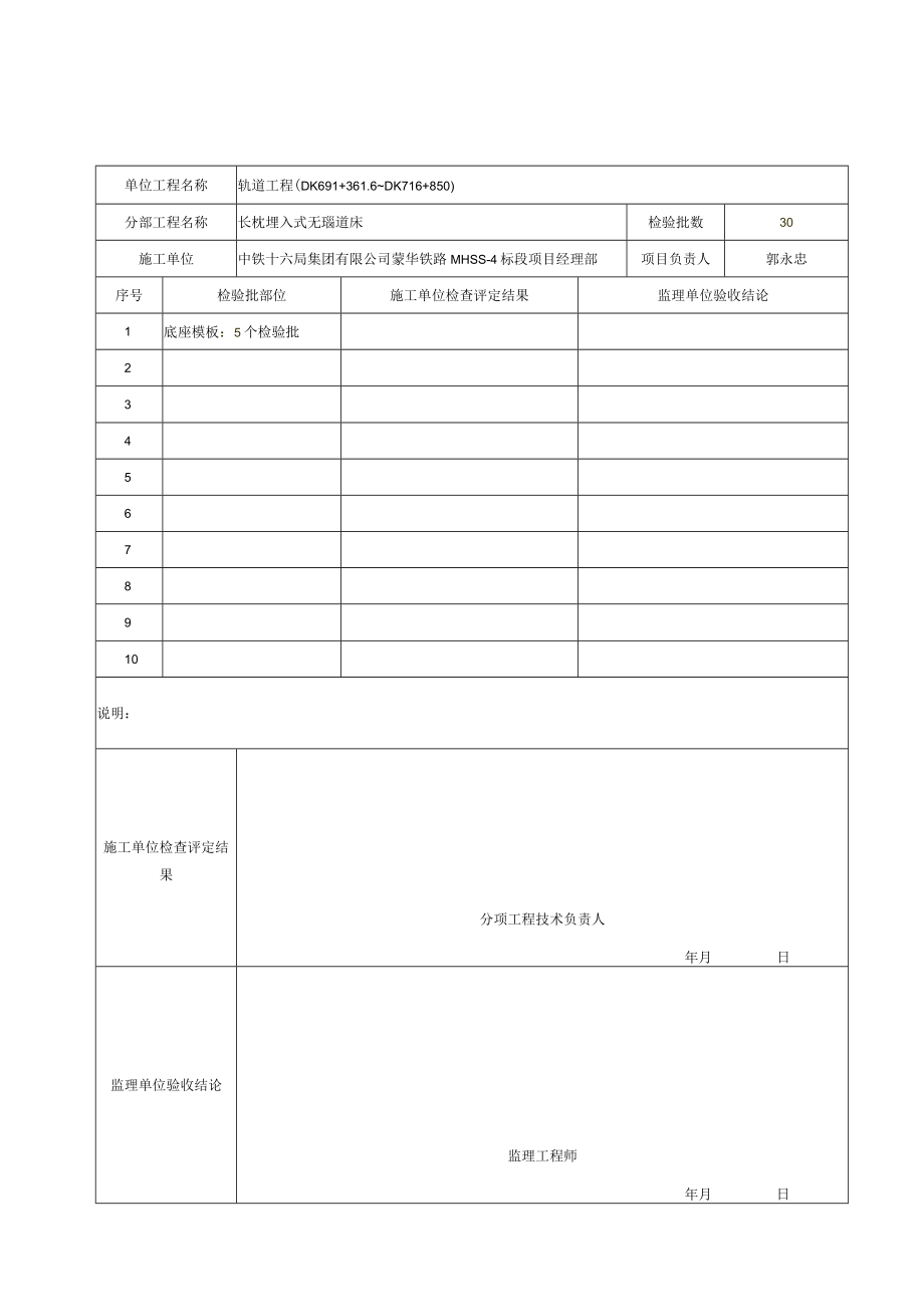 3、分项工程质量验收记录表（轨道工程）（分部工程：长枕埋入式无碴道床）.docx_第2页