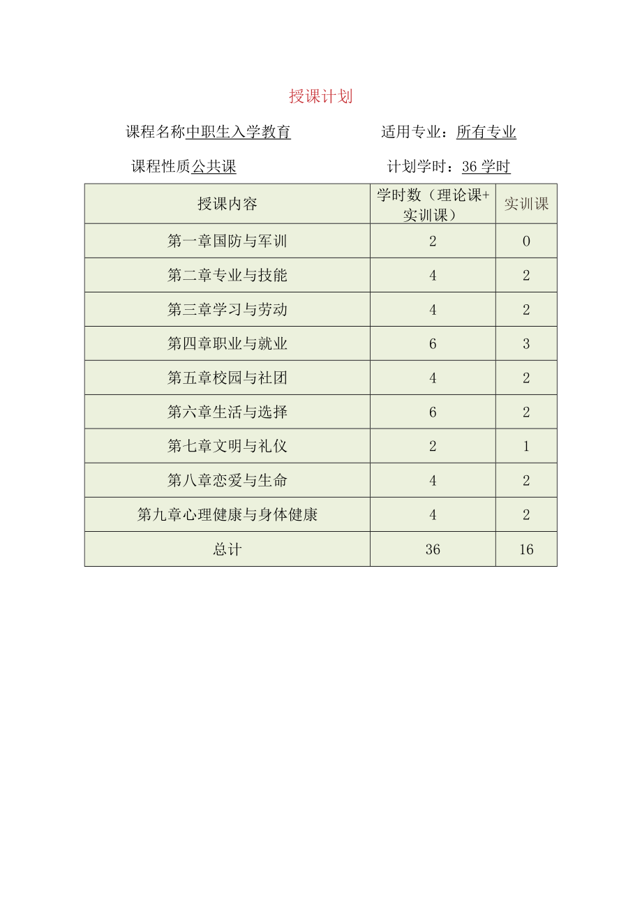 《中职生入学教育》期末授课计划.docx_第1页