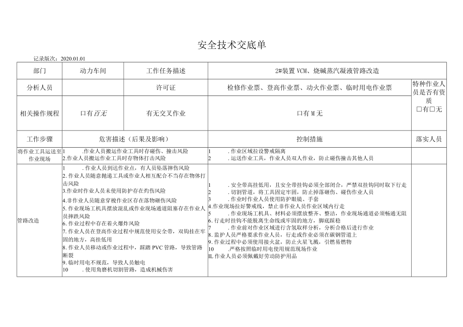 2#装置VCM、烧碱蒸汽凝液管路改造作业危害分析.docx_第1页