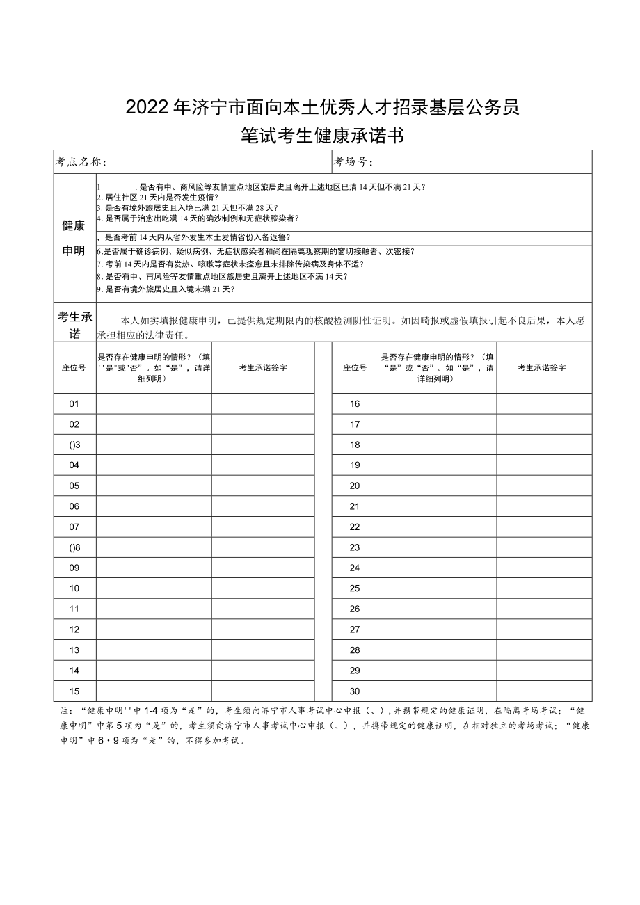 2022年济宁市面向本土优秀人才招录基层公务员笔试考生健康承诺书.docx_第1页