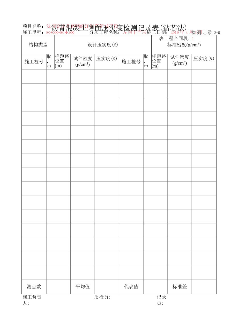 6、沥青混凝土路面压实度检测记录表（钻芯法）.docx_第1页