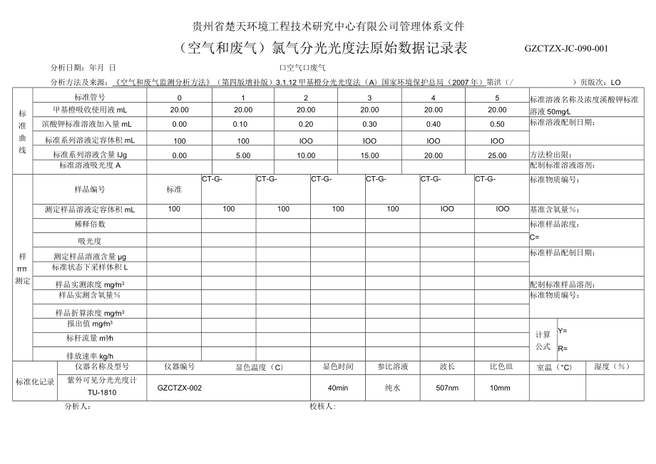 GZCTZX-JC-090-001-《空气和废气监测分析方法》环境空气中氯气分光光度法原始数据记录表.docx_第1页