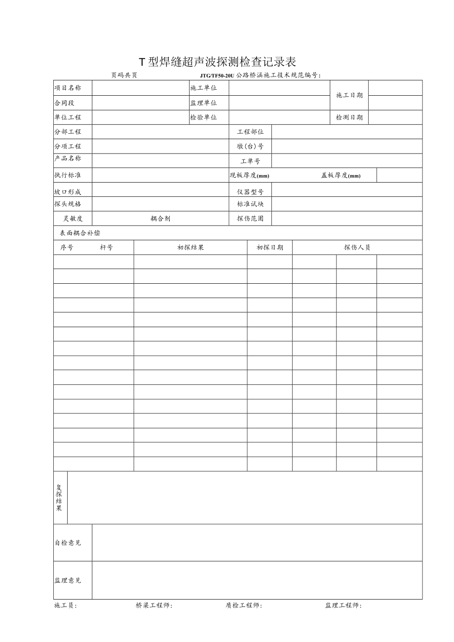 T型焊缝超声波探测检查记录表.docx_第1页